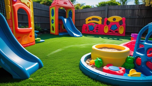 Kid-friendly play area with soft artificial turf, designed for safety and low-maintenance outdoor fun.