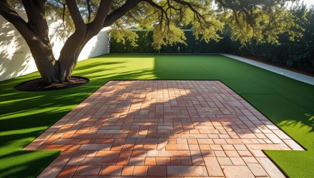 Modern landscape design combining hardscape pavers and artificial turf for a clean, functional outdoor space