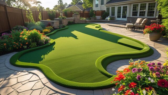 Artificial turf design featuring unique shapes and curved edges, creating a modern, custom landscape layout.