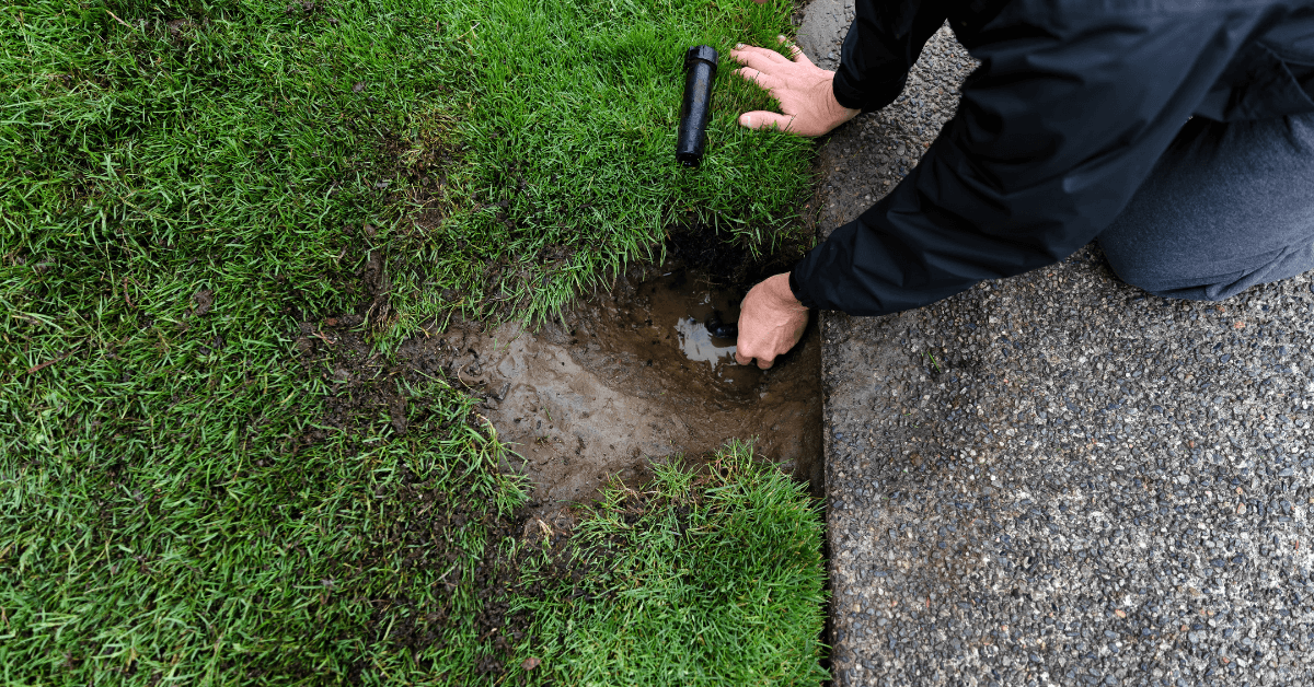 Landscaper digging around a sprinkler head to perform irrigation system repairs.