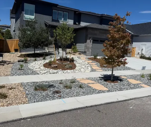 Water-wise xeriscape front yard with native plants and gravel beds in Parker Colorado